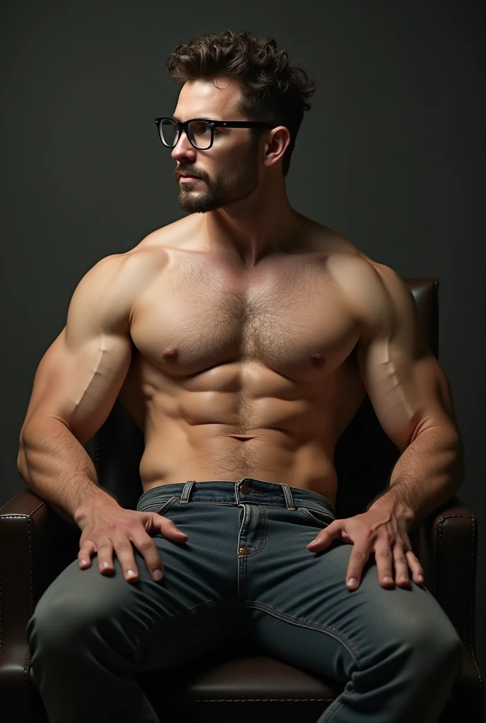Hot sexy muscular shirtless man sitting on a chair with curly hair and glasses, fully naked with little chest hair, very muscular, white skin tone