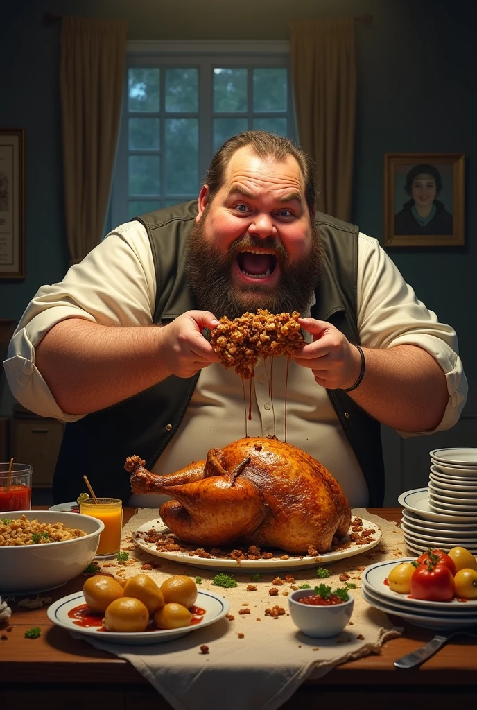 Fat man eating more meals holding chicken chew the chicken moreee food
