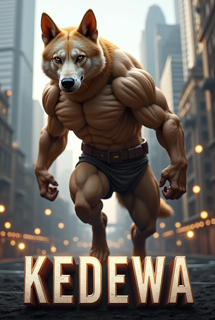 Creat a realistic super hero that looks like a human dog and has a big word below it the says Kedewa