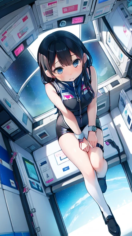 (Highest quality), (masterpiece), 1080P, High resolution, 4K, 8k, Inside the space station、Futuristic room、Thigh straps, Shooting from directly below, The woman on top of me, 白いSweat, Covered , Sweat, Woman looking down, Skirt swimsuit, Thigh-high socks, To achieve this, , , whole body, Black leather shoes, Braided hair, Inner Color, Embarrassed face, Short black hair, bracelet, Bedroom,celestial body_Vest