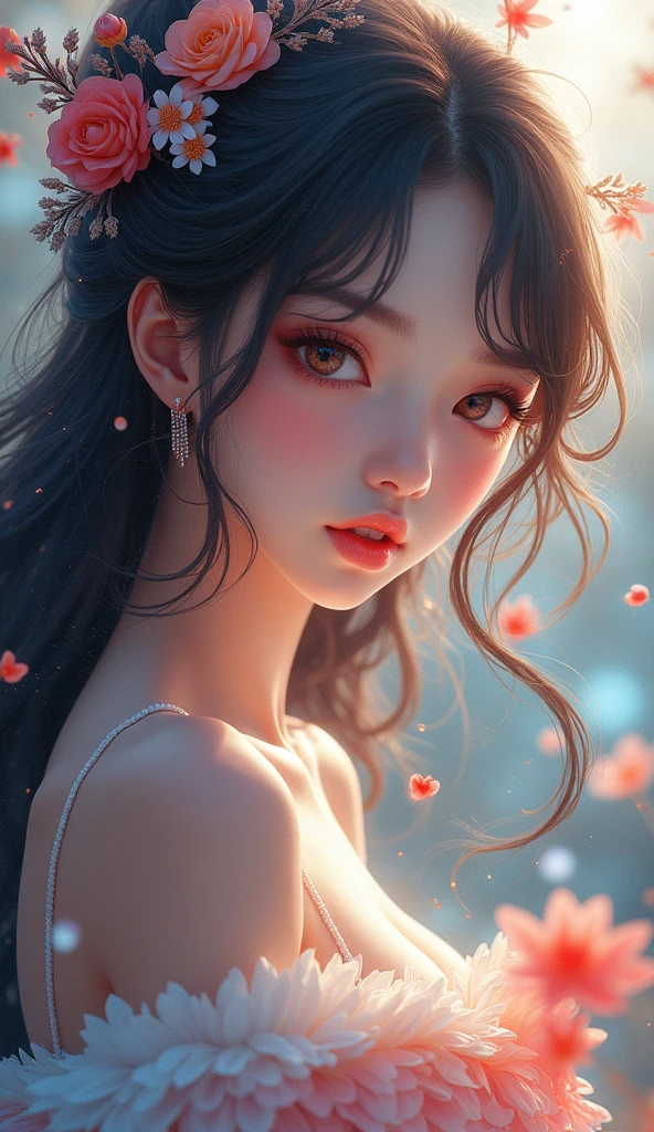 A beautiful anime-style girl with colorful hair, detailed facial features, vibrant colors, dynamic pose, fantasy background, intricate details, digital art, highly detailed, photorealistic, 8k, cinematic lighting, dramatic lighting, ethereal, glowing, fantasy
