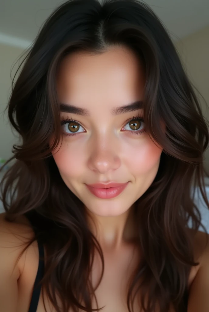 off , brown dark brown hair, olhos marrom esveroffado, Selfie, que pareça real para foto off perfil, that is Brazilian