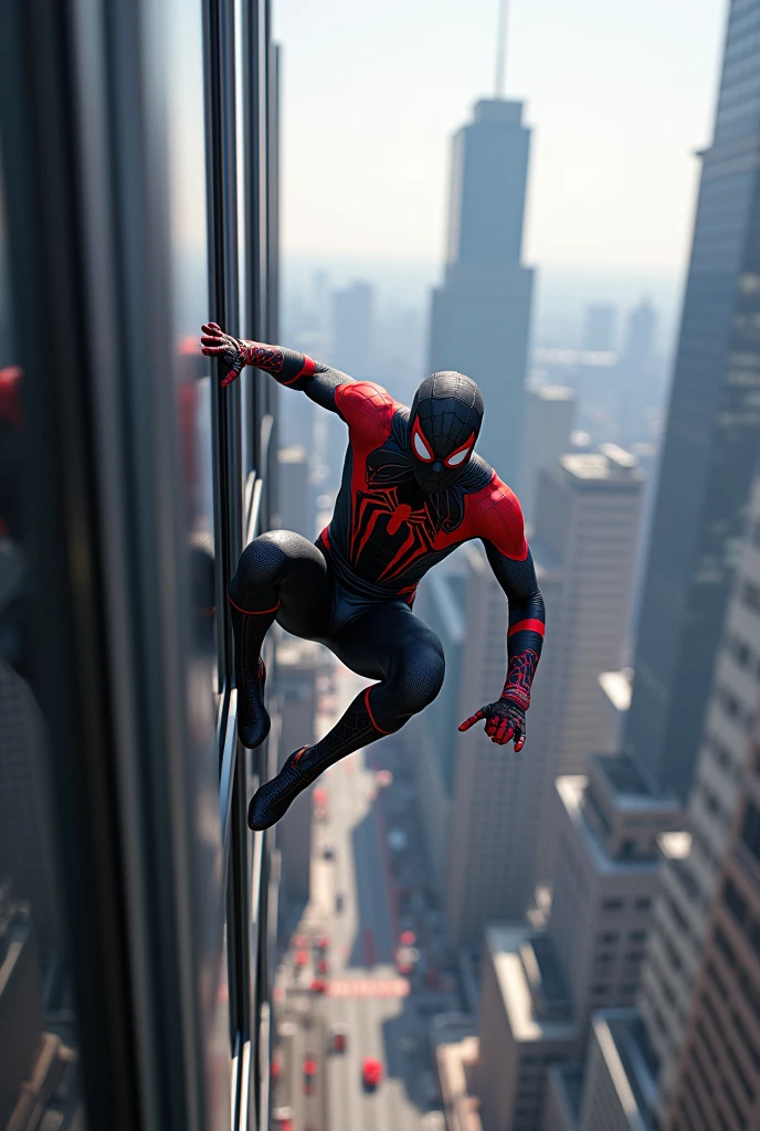 Spiderman Miles Morales hanging from a building