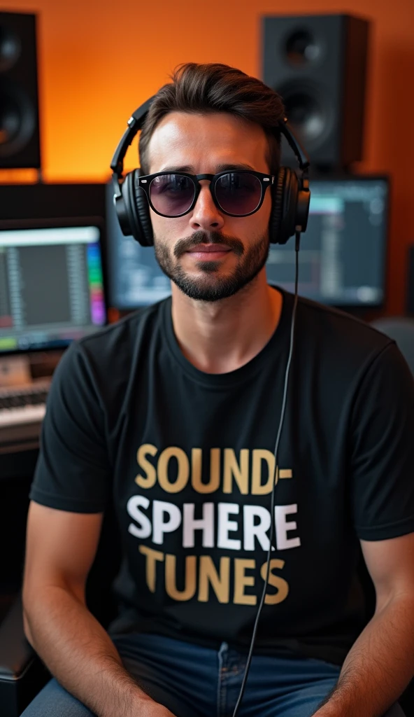 A man wearing headphones with sunglasses and a T-shirt that says SoundSphereTunes, sitting in a music studio, looking towards the camera