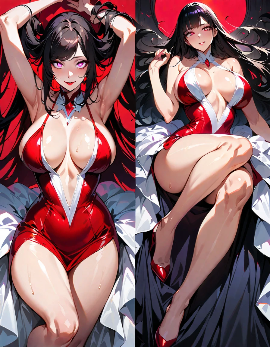 A young and beautiful woman and a mature and seductive woman:1.5,(Highest quality,Extremely detailed depiction,Incredibly absurd high resolution,Anatomically accurate depiction,Curvy Legs,Vertically drawn pupils,Shiny skin,Porcelain-like skin),(Succubus Sisters),(Elegant Gala Dresses,Fluffy Dress,Conservative dress,Gorgeous)eyelash,Sweat,(Glowing purple eyes,Crazy Eyes,Large Breasts,A seductive smile,lustrous red lips,Flashy makeup,Sisters' Seductive Gestures:1.3,Sisters hugging each other:1.3,Half-closed eyes:1.5),Luxury accessories,earrings,necklace,Bracelet,whole body,