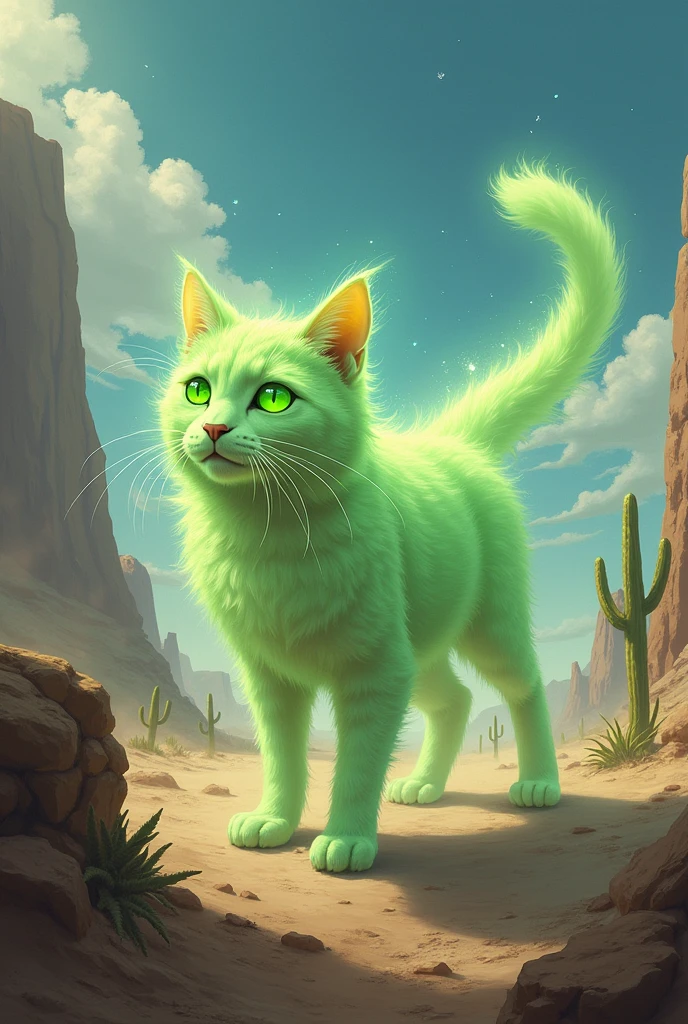 A green ghostly spirit cat. I'd like the art in a fantasy RPG style, set in the old west.