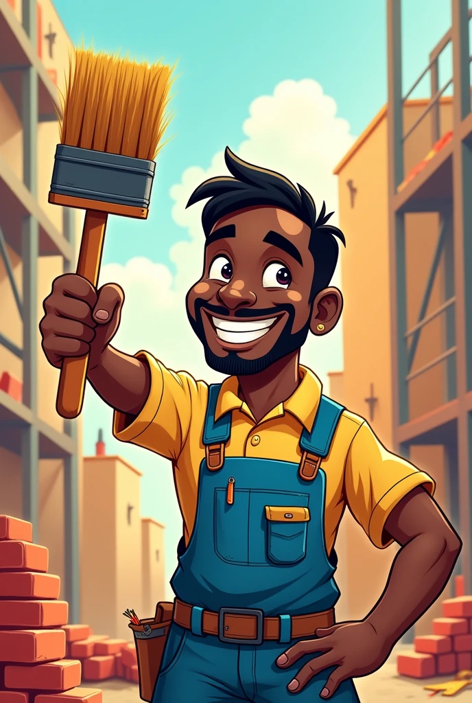 Black man with goatee and straight black hair smiling with a construction brush in his raised hand in a cartoon