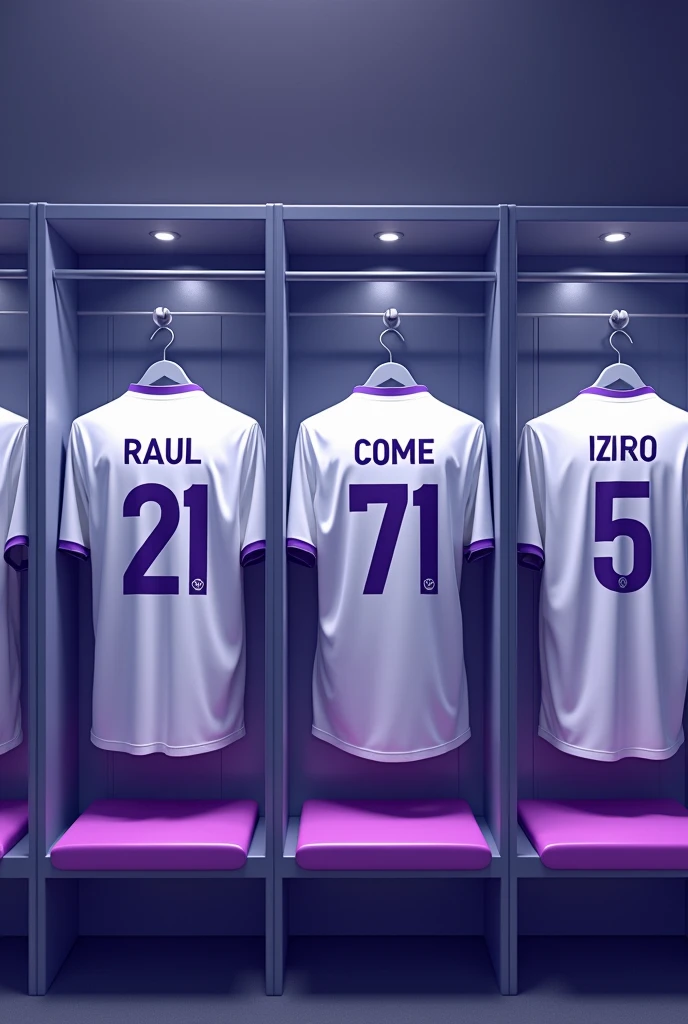 create an image of a football locker room with football player booths in these booths will be the shirt of each specified player, the players are ( Raul, with shirt number 21) ( raphael. c, with shirt number 7) ( Igor, with shirt number 71) ( come , with shirt number 10) ( Luizin, with shirt number 5 ) ( J.Felipe with shirt number 8 ) ( p. cauã with shirt number 77 ) ( Binho with shirt number 69 ) there will be a white shirt with purple details (minimalists) on the collar and at the tip of the sleeve the shirt must show the back with the name and number of each player ( the cabins must be next to each other in random order)