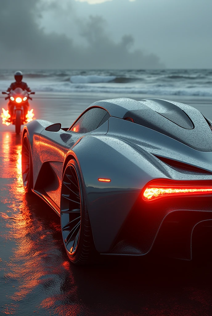 Supracar in front of large ocean  with fire in mirror and bmw bike behind it with fire in tyre 
