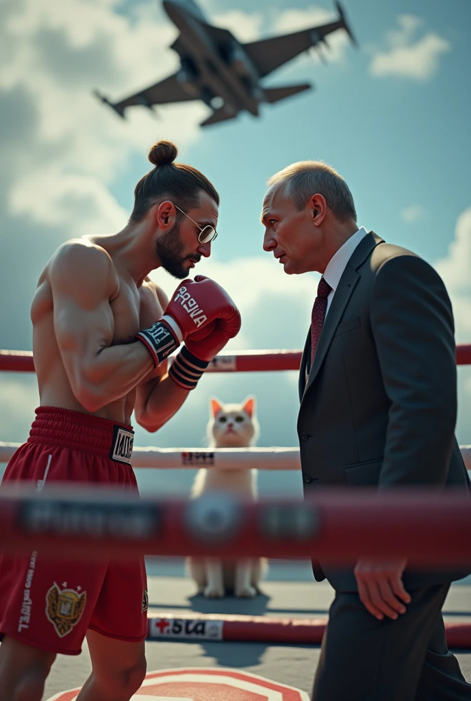 (photorealism:1.2), Twitch-streamer Olesha fighting on a boxing ring with a Putin, Olesha wearing round glasses and man-bun hair, there is a white-beige cat near and f-16 in the air