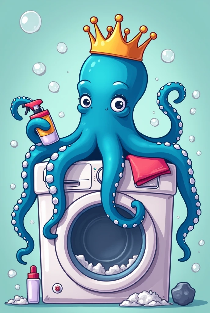 I want a Klein Blue Octopus, on top of a washing machine holding cleaning supplies while hanging out clothes(the machine needs to be open with bubbles coming out of it it has to have a cartoon style it HAS to hold cleaning items put a crown on its head