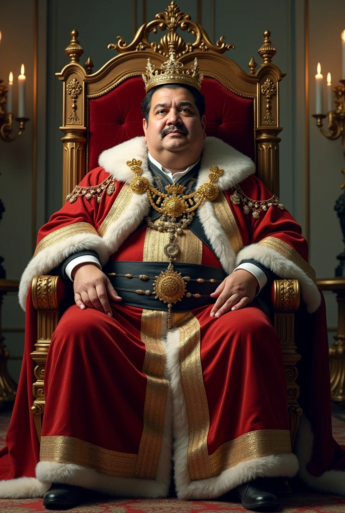 Luis Hermosilla overweight Chilean lawyer dressed as a king sitting on the king&#39;s throne, in Donald Trump realistic photography