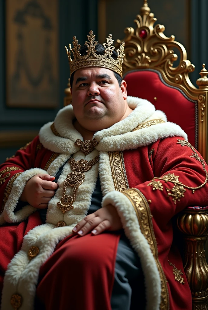 Luis Hermosilla overweight Chilean lawyer dressed as a king sitting on the king's throne, in Donald Trump realistic photography