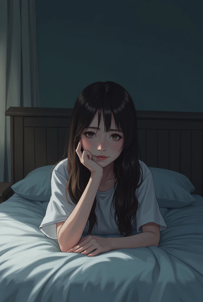 A teen brunette lying prone on bed looking at me