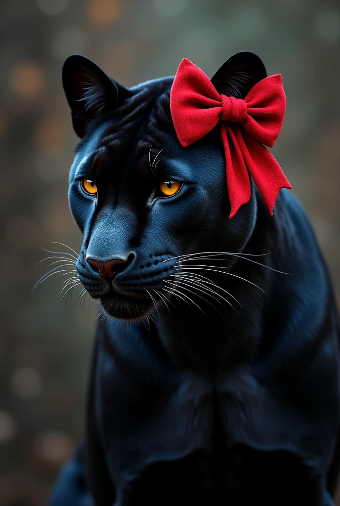 Panther with a red bow on its ear