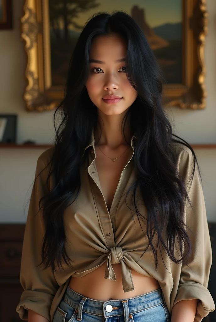 a realistic photo of a 2 woman, long black hair, in a cottage, with majestic background of paintings. She wears a casual outfit for a day of discovery. portrait