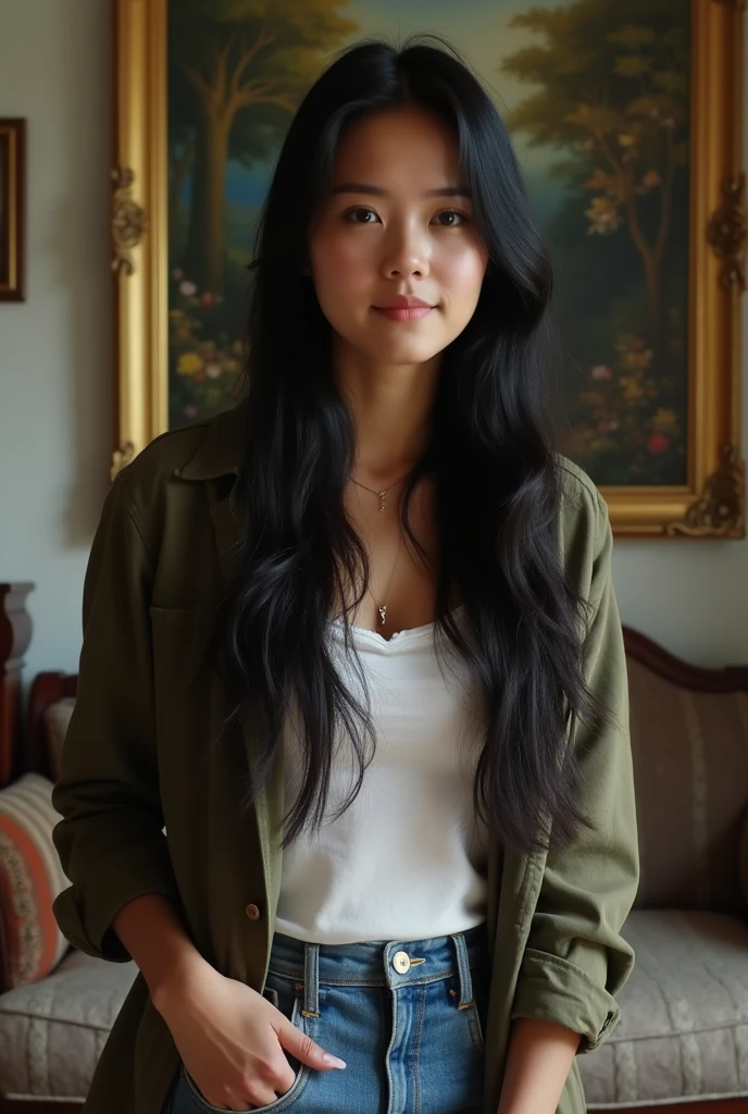 a realistic photo of a 2 woman, long black hair, in a cottage, with majestic background of paintings. She wears a casual outfit for a day of discovery. portrait