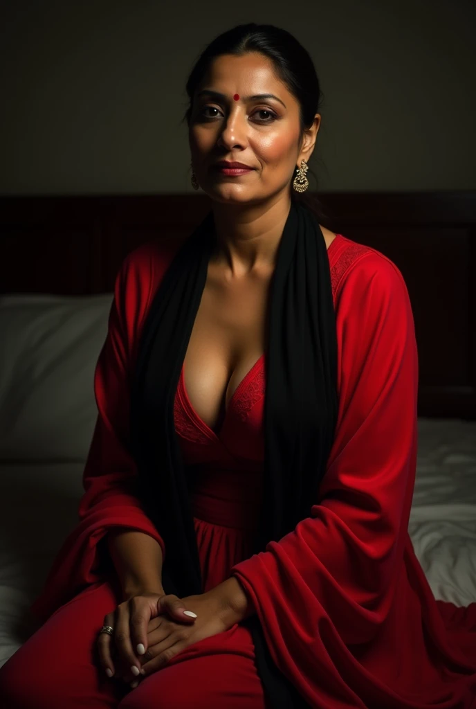 photo of Mature Indian Aunty with dusky skin, wearing tight Red Kurti and Black stole around her throat, showing U Cut Cleavage, Hair tied behind, sitting on bed, dim light.
