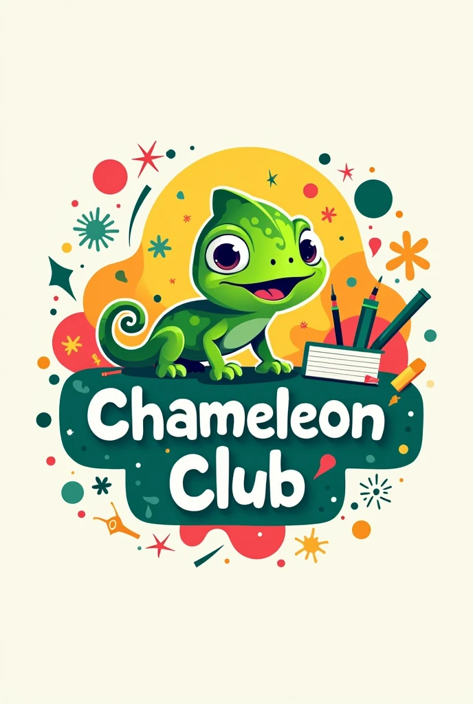 Create an image for a logo, that integrates the baby chameleon animal, that includes the title "Chameleon Club" in Spanish and large elements of science, children&#39;s art and literature. Do it in primary colors. 

Let the logo be , integrating the different elements given.