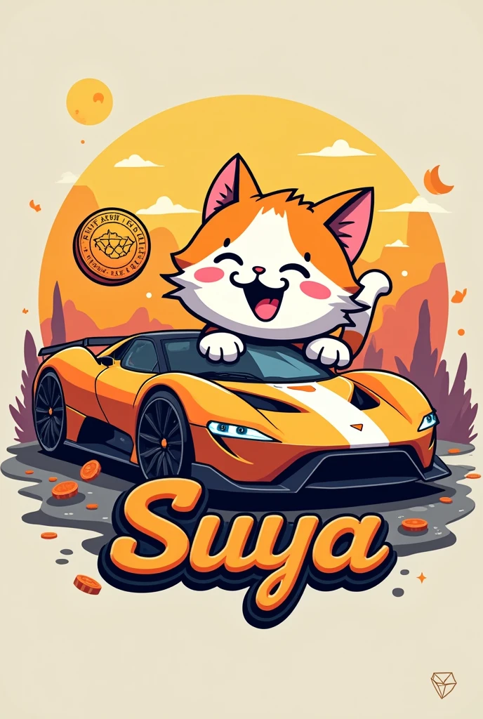 Cat name is suya it's name logo should be there and car body colour is orange and white and it's playing with tron coin.suya coin is moon