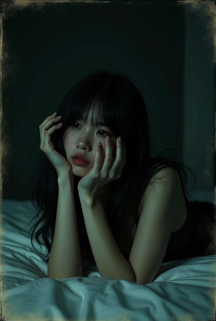    Masterpiece,  cinematic.  dark creepy. full body view . korean girl with blurred face with black long hair  in black lce ,, lying onthebed , feet, taking a selfie in a mirror., , Polaroid,  ,,dark black background,, retro style photo, realistic photo, vhs, vintage style, depressive atmosphere 