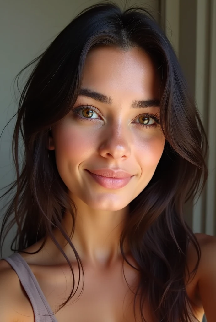 , brown dark brown hair, greenish brown eyes, Selfie, that looks real for profile picture, that is Brazilian