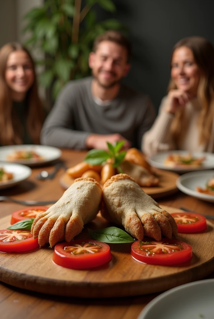 a realistic image of a wooden board with dog paws served as a meal alongside tomato slices and basil leaves. the setting is a dinner table with happy, smiling people around. people will eat dog paws for dinner
