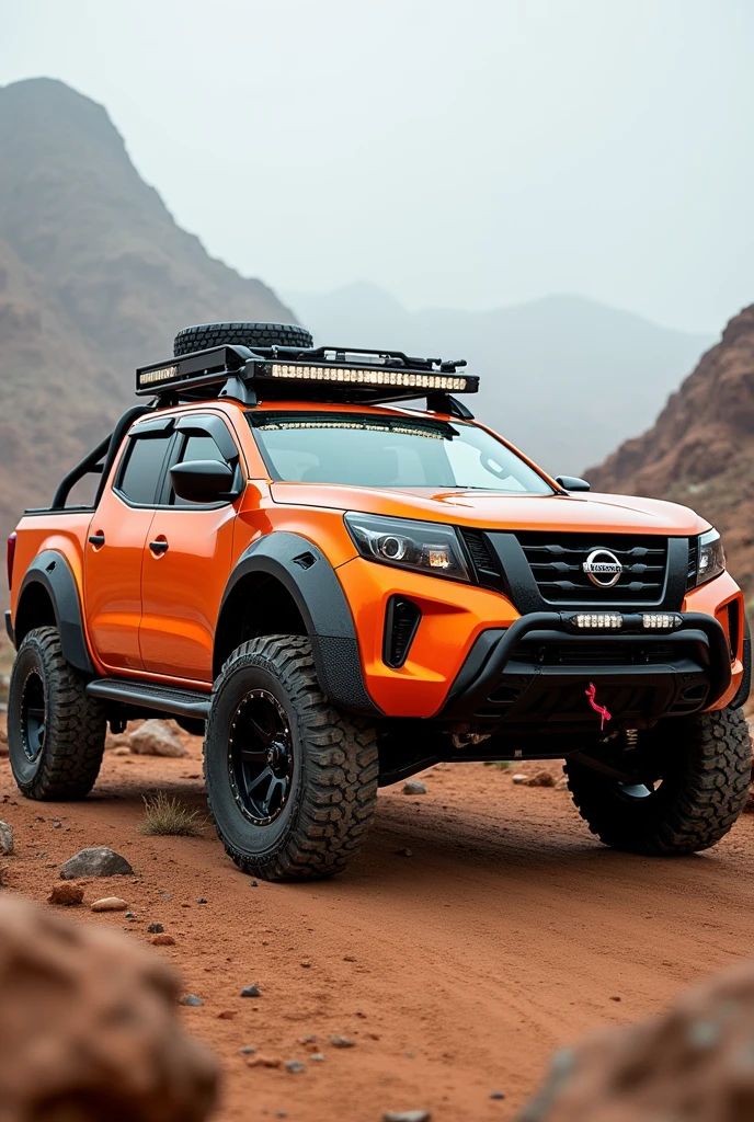 Image of a super modified orange Nissan NP300 all-terrain car 