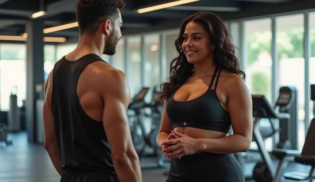 brunette and voluptuous girl, of Spanish descent, at the gym talking to a man, 4K, highly realistic