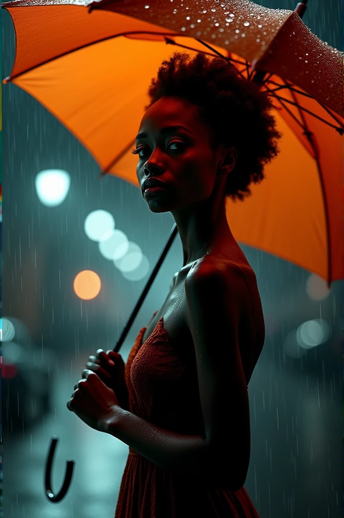 Beautiful black girl with umbrella in the dark of rain 4k image

