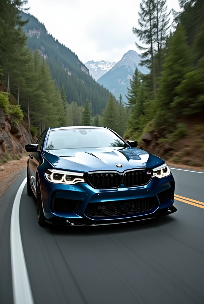 A bmw m5 cs in attitude headlight in fast speed in the nature