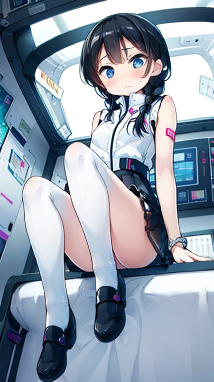 (Highest quality), (masterpiece), 1080P, High resolution, 4K, 8k, Inside the space station、Futuristic room、Thigh straps, Shooting from directly below, The woman on top of me, 白いSweat, Covered , Sweat, Woman looking down, Skirt swimsuit, Thigh-high socks, To achieve this, , , whole body, Black leather shoes, Braided hair, Inner Color, Embarrassed face, Short black hair, bracelet, Bedroom,celestial body_Vest
