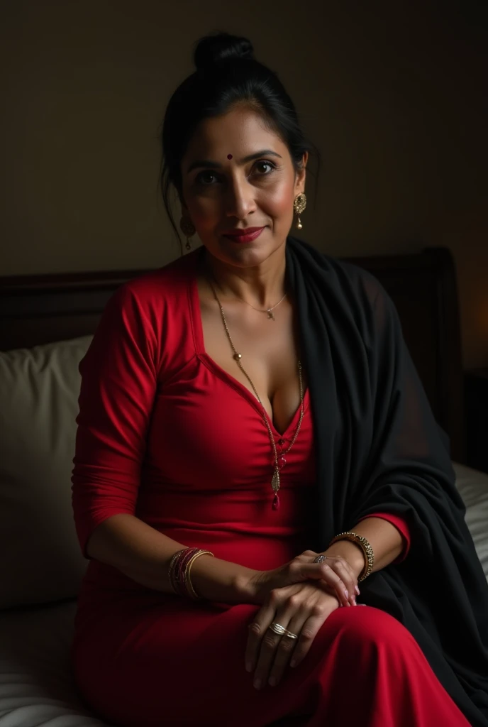 photo of Mature Indian Aunty with dusky skin, wearing tight Red Kurti and Black stole around her throat, showing U Cut Cleavage, Hair tied behind, sitting on bed, dim light.