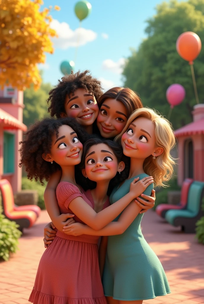 4 WOMEN HUGGING EACH OTHER LOOKING FORWARD,IN A PIXAR STYLE PARK
