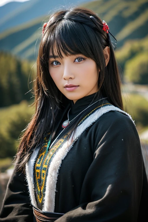 High quality、One woman、Age 35、Brown eyes、There is light in the eyes、Black Hair、Long Hair、Tibetan national costume、Japanese elements、All black clothes、Dull clothing colors、Mountain valleys、Rusty silver jewelry、Overall dark landscape、Dark and dirty skin、Large ethnic tattoo on forehead and cheek