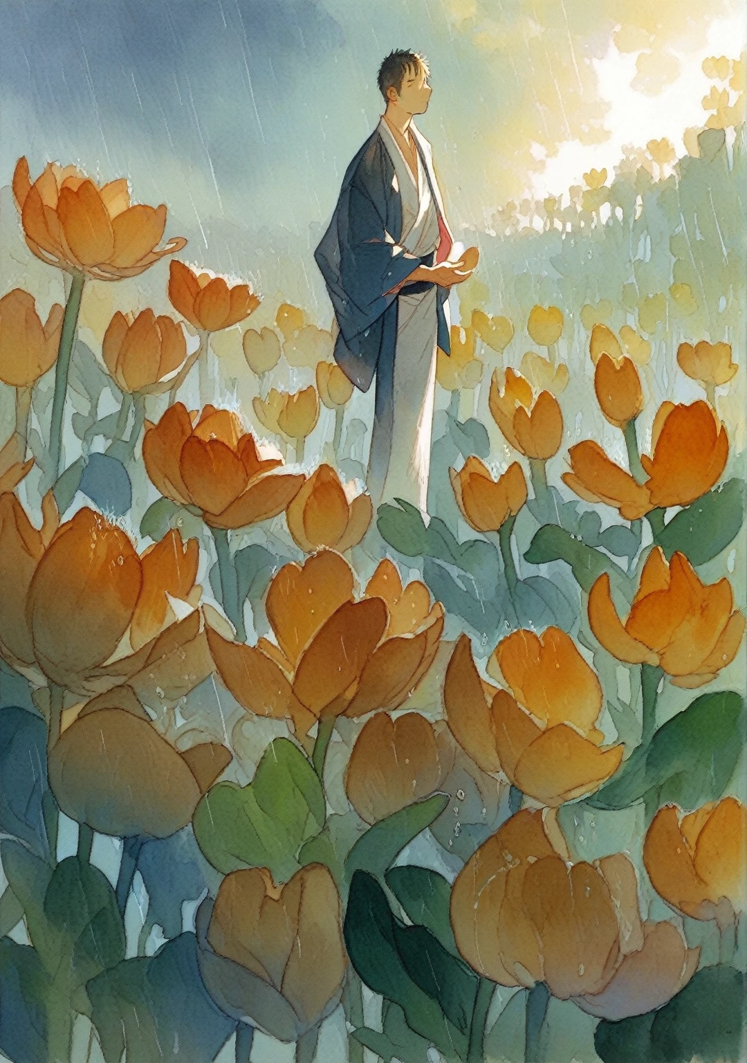 man standing on a field of tulips, kimono, raining, sun rays, wet clothes, watercolor background, open kimono, artwork,detailed face, hyper detailed, 8k, highly detailed, intricate details, dramatic composition