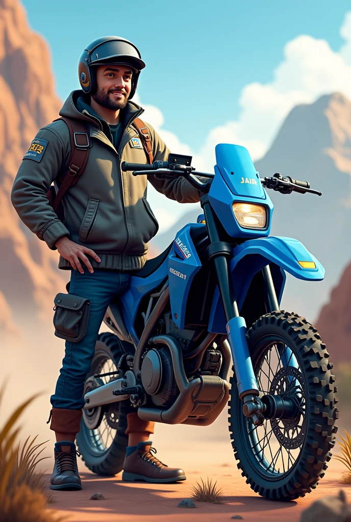 Blue all-terrain motorcycle and the owner standing next to it with a jacket that has the name JAIR on it. A more animated image with the name Jair, a bigger motorcycle that is for enduro. Blue motorcycle 