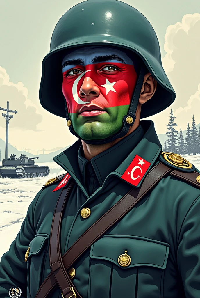 1. Face: The character should have a stylized face representing Azerbaijan, incorporating the colors and patterns of the national flag (blue, red, and green) along with the crescent, Nazi Germany symbol and star.

2. Body: The body should reflect a soldier in a World War II uniform, possibly with distinctive features or insignia related to the Azerbaijan Legion. It should be dynamic, showcasing the character in a fighting stance.

3. Background: Set in a snowy front, you could depict a winter landscape with hints of conflict, like distant silhouettes of Soviet soldiers or tanks, emphasizing the ongoing battle.

4. Art Style: Use a 2D drawing style, focusing on bold lines and contrasting shades typical of black and white illustrations from that era. 