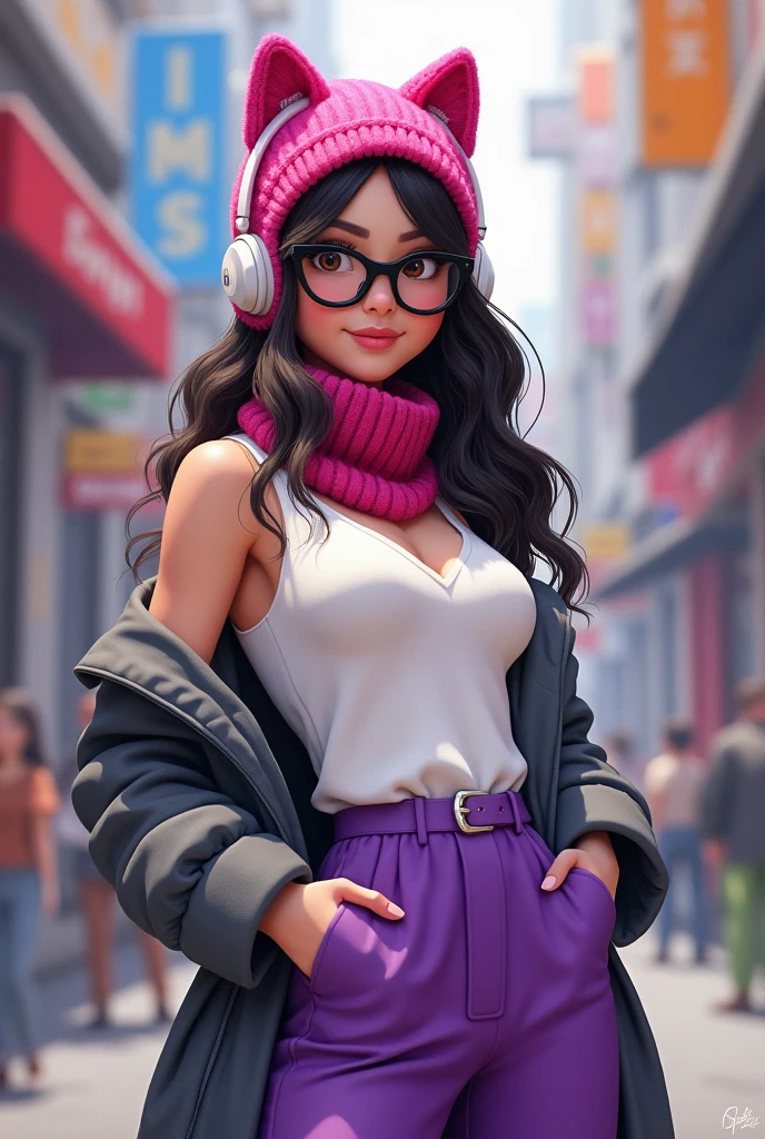 Female character white blouse with purple pants white headphones dark pink kitten balaclava gray jacket black glasses animated 