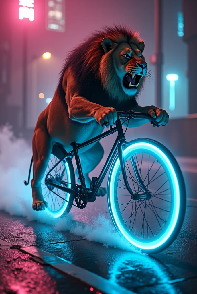 A bike driving a lion with. NEon light
