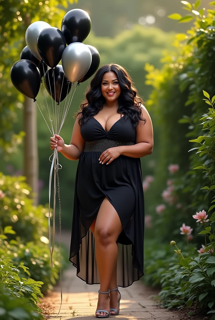 woman, long wavy black hair, smiling, big bust, wide legs, chubby, elegant black and silver dress, gray heels, black and silver balloons in her hands, birthday celebration, in a garden, looking at the camera, photorealistic