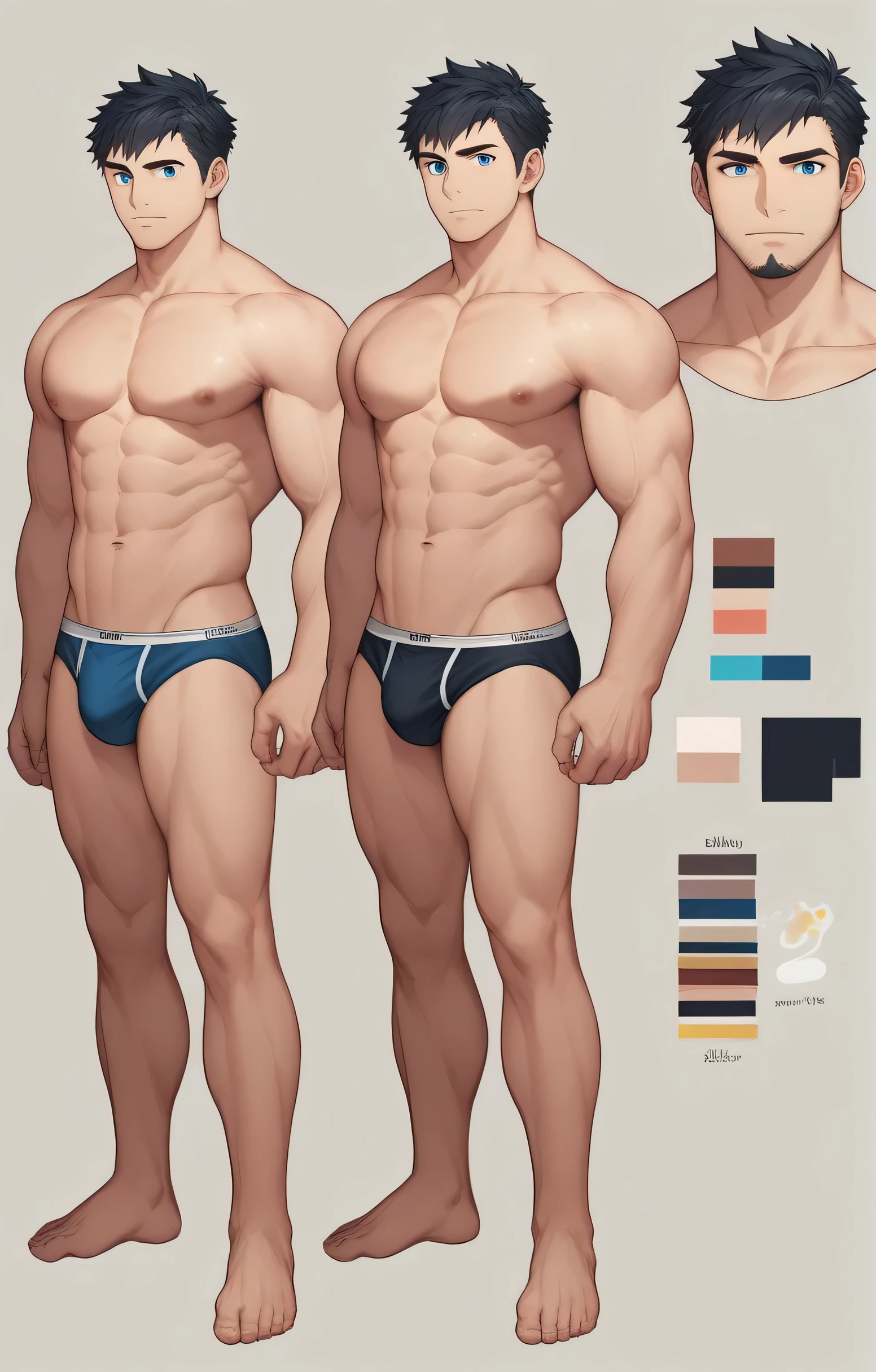 1boy, single, reference sheet, character design, front angle, side angle, left side angle, right side angle, dynamic poses, (masterpiece:1.2), (best quality:1.3), (reference sheet:1.5), adult anime male, huge man, tall man, masculine body, muscle body, muscle tall male, athletic body, muscle builder, muscle, bulky body, giant, Bara, 6ft. male, (Blue eyes), (short hair), (short bangs), (black hair), (pale skin), (pale skin color), beard, naked, naked men, nude, nsfw, handsome, wide chest, string underwear, speedo, huge hips, wide hips, daddy, barefoot, not wearing pants, rugged, 40 years old