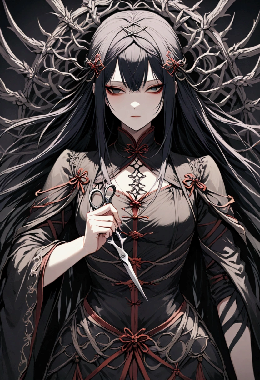 An image showing Kuchisake-onna holding scissors, a symbol of his violence and revenge.