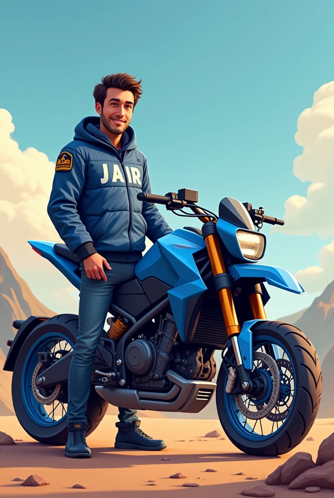 Blue all-terrain motorcycle and the owner standing next to it with a jacket that has the name JAIR on it. A more animated image with the name Jair, a bigger motorcycle that is for enduro. Blue motorcycle 