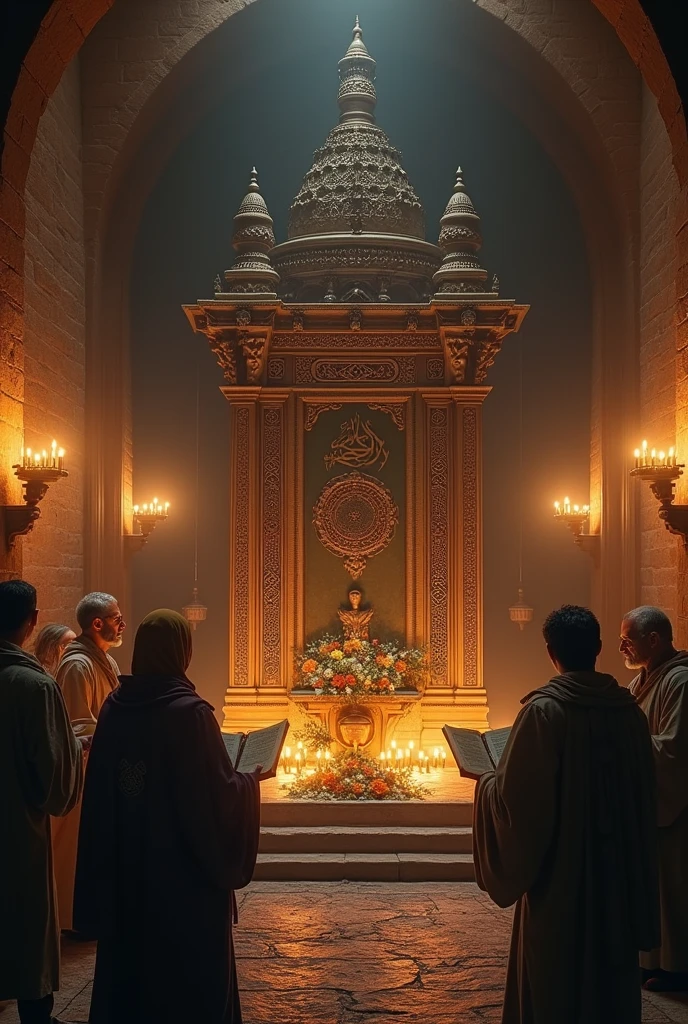 Visualize a highly detailed scene that captures the enduring influence of Hassan-i Sabbah’s legacy even after his death. The setting is a dark, ancient crypt or memorial chamber within Alamut Castle, where his followers continue to revere him.
The room is adorned with candles and dimly lit by flickering torches along the walls, casting a warm, golden glow. In the center of the chamber stands a grand, intricately carved mausoleum or memorial, featuring elaborate Persian designs and inscriptions commemorating Hassan-i Sabbah. The mausoleum is adorned with fresh flowers, offerings, and ritualistic symbols that indicate the ongoing veneration by his followers.
A group of devoted disciples, dressed in dark, solemn attire, is gathered around the mausoleum, engaged in rituals or prayer. They hold ancient texts and symbolic objects in their hands, reflecting their continued commitment to Sabbah’s teachings. The atmosphere is one of reverence and solemnity, underscoring the lasting impact of his spiritual and ideological influence.