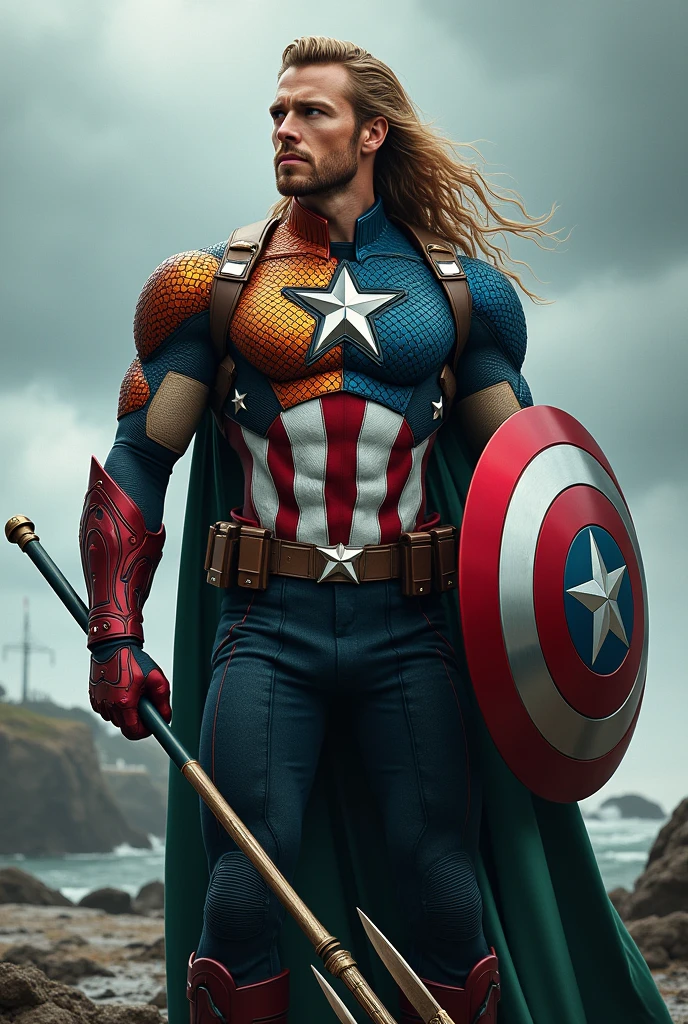 Create a realistic and epic image of a (((fusion))) between (((Captain America and Aquaman.))) The character should have:
Face: Blend Captain America's strong, determined features with Aquaman's rugged, kingly visage, creating a face that reflects both nobility and strength.
Hair: Combine Captain America's short, clean-cut hairstyle with Aquaman's longer, wavy hair, resulting in a distinctive style that reflects their dual nature.
Attire: Design an outfit that merges Captain America's iconic stars-and-stripes (((uniform with Aquaman's Atlantean armor))). The attire should feature a mix of red, white, and blue with (((gold))) and green accents))), (((incorporating elements like Aquaman's scaled armor and Captain America's star symbol on the chest.)))
Shield and (((Trident))): (((Integrate))) (((Captain America's shield with Aquaman's trident))), creating a unique weapon that symbolizes both defense and (((power.))) The shield could be (((circular with trident-like extensions))) or have a central emblem (((combining both symbols.)))
Setting and Pose: Place the character in an epic setting that blends elements of both land and sea, such as a coastal battlefield with crashing waves. Position them in a heroic pose, showcasing their readiness for battle and commanding presence.
Style: Maintain a realistic style that highlights the combined power and leadership qualities of Captain America and Aquaman, with a design that reflects their dual connection to both the surface world and the oceans.