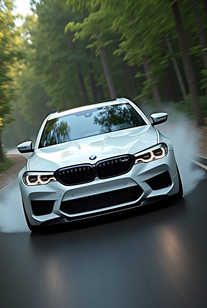 A bmw m5 cs color white in attitude headlight in fast speed in the nature