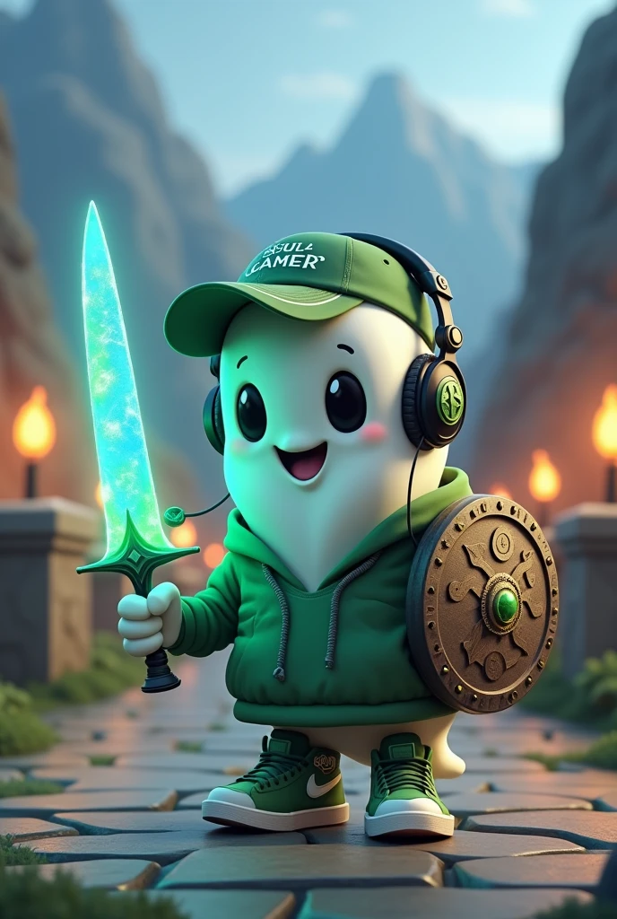 Draw a 3D style mascot with a friendly ghost appearance, engaged in an RPG themed scene. The character should maintain his white ghostly form with a wavy base, olhos grandes e pretos, and an animated smile. He wears his green cap with the 'Soul Gamer' logo in white on the front, along with the green hooded jacket and green sneakers with white details. In this scene, the ghost is in a fantasy environment, holding a glowing sword in his right hand, as if he is ready to face an epic challenge. The sword should have a gleaming blade with magical details, like luminous runes in blue or green. In the left hand, he holds a round shield decorated with ancient symbols or an insignia, also with green details to match his look. He is wearing the same black headset with green details and the adjustable microphone, but now he is slightly leaning to the side, as if he is strategically talking to his team during a battle. The surrounding scenery should include typical RPG elements, like a landscape with mountains in the background, A stone bridge, and perhaps some lit torches. The ghost could be in an attacking or defensive position, with a determined expression on the face, showing that he is focused on the mission. Add light effects emanating from the sword and shield, with a glow that complements the magical and heroic atmosphere of the scene. The primary colors are still green, white and black, but add touches of blue and gold for the magical effects and details of the scenery, creating a sense of adventure and excitement typical of an RPG game.