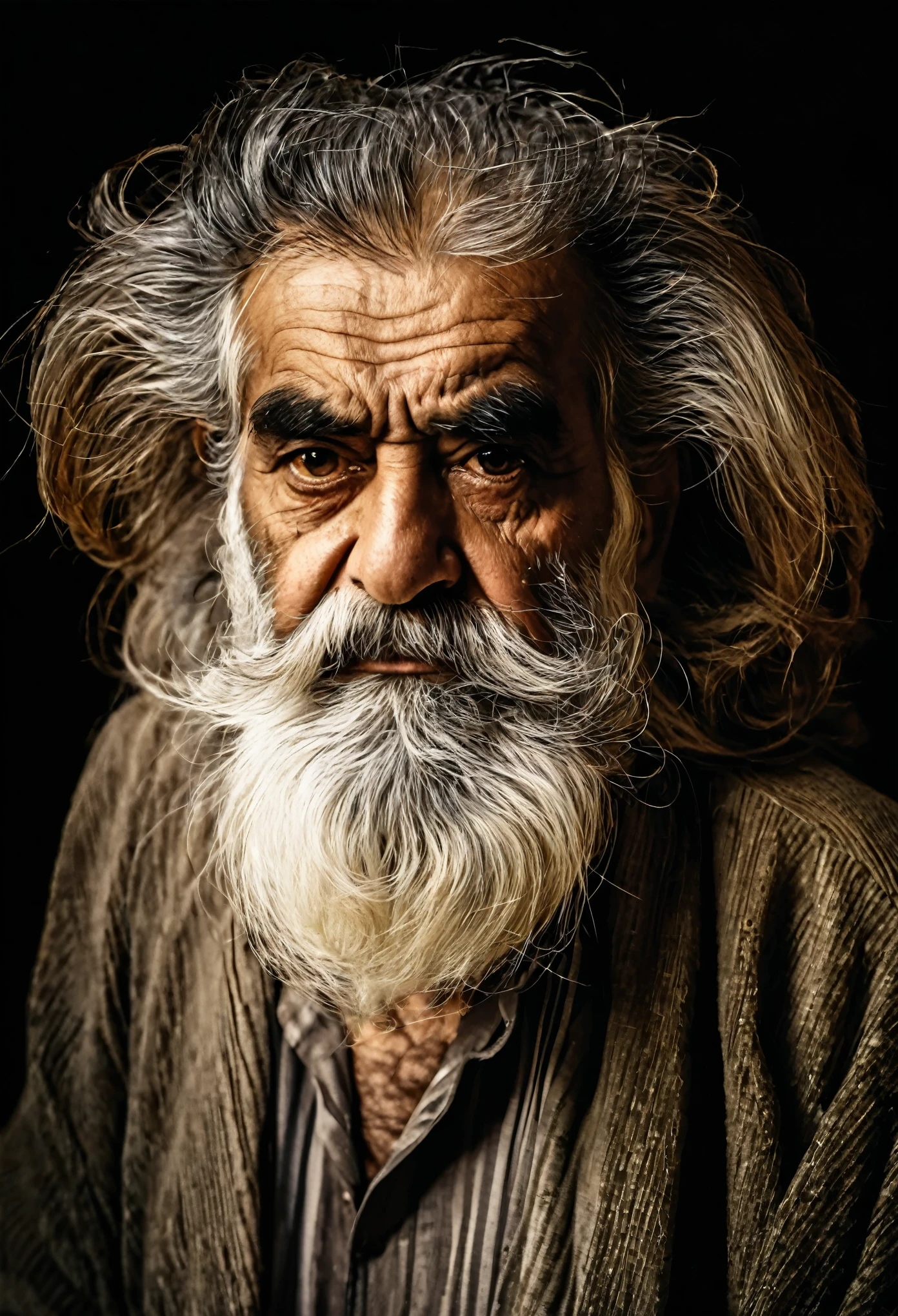 portrait of old persian dirty man with heavy hair and breed , dramatic light, sad face,
