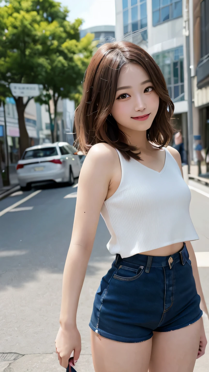 Tabletop, Highest quality, figure, Very detailed, In detail, High resolution, 8k wallpaper, Perfect dynamic composition, Beautiful attention to detail, Shorts,Medium Hair, Natural color lip, Random sexy poses,smile,Aoyama Street Walk、2